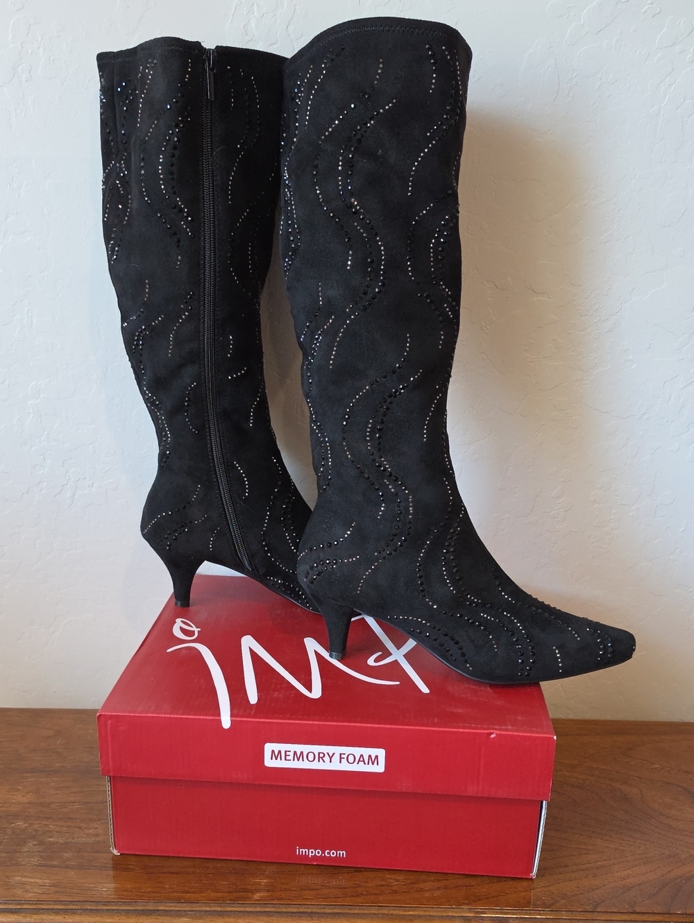 IMPO "Namora Bling" Black Knee-High Faux Suede Rhinestone Boots